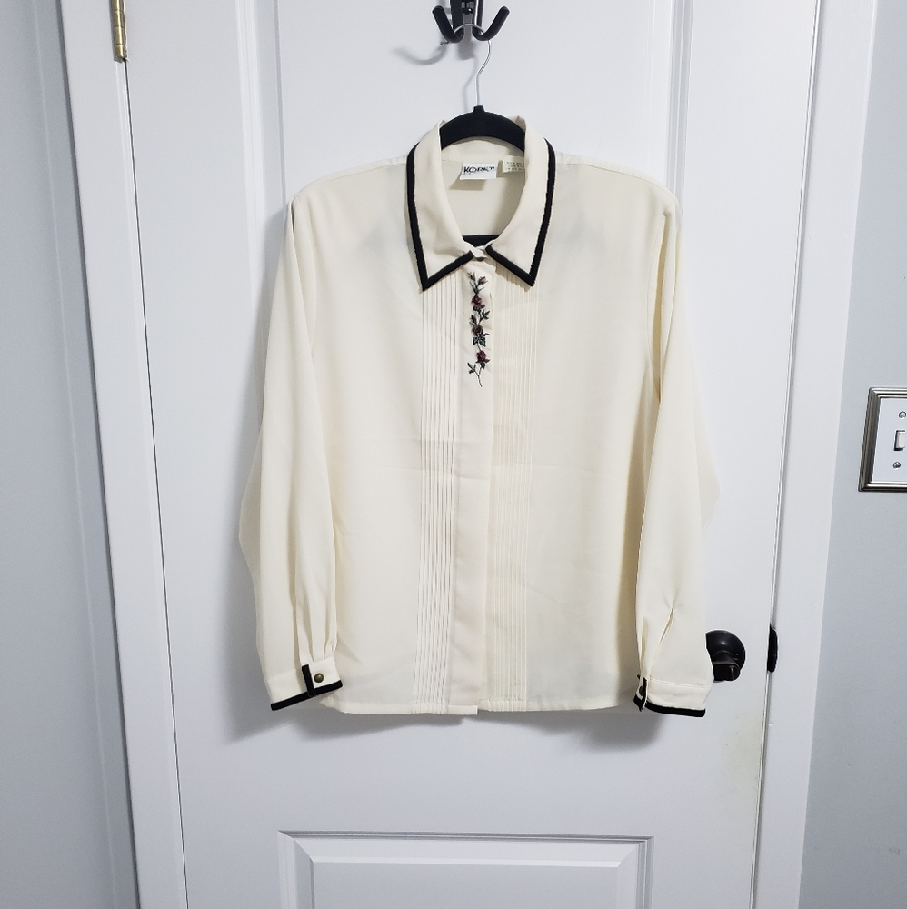 KORET Embroidered Floral Black Velvet Trim Collared Long Sleeved Shirt Blouse